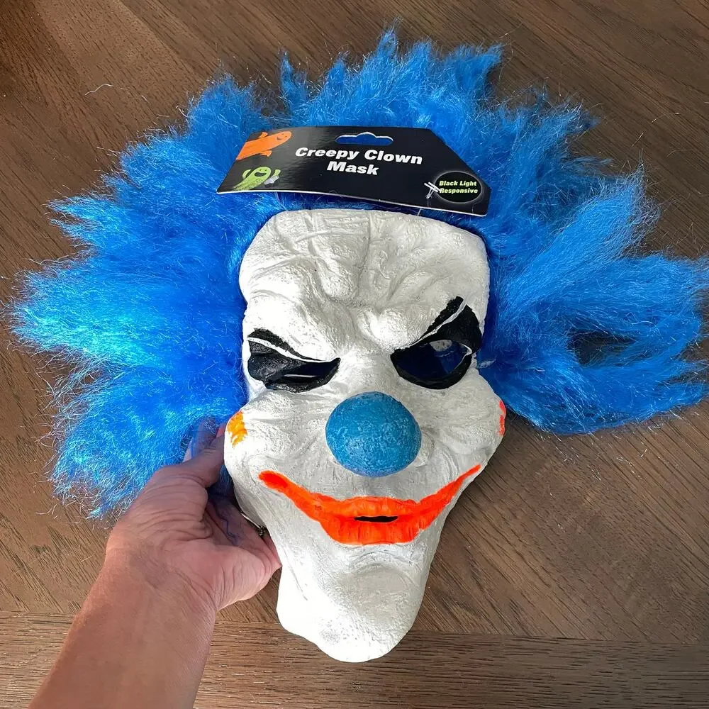 Creepy Clown Mask Halloween Costume Black Light Glows Pennywise Blue Hair NWT